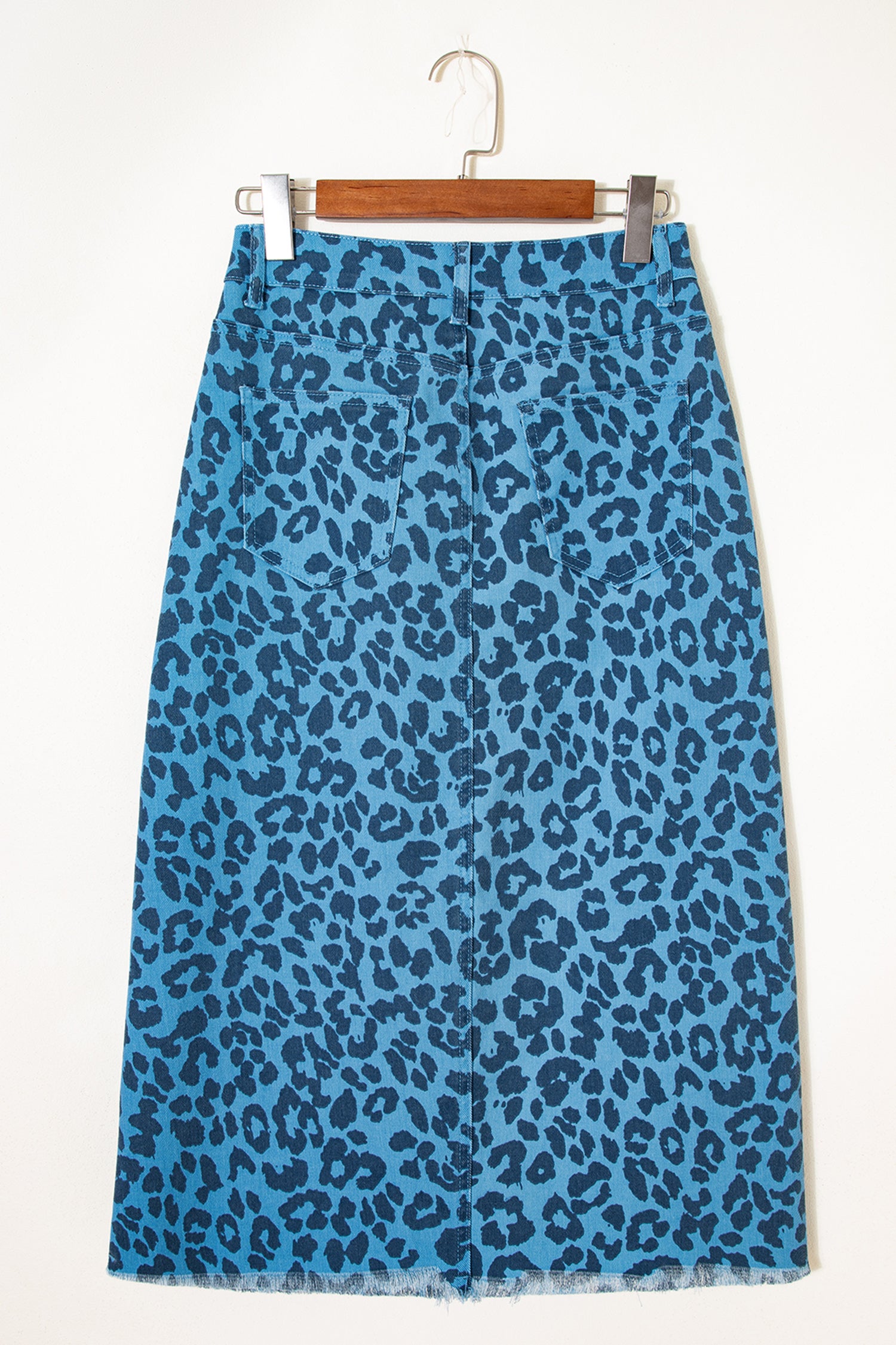 Sky Blue Leopard Denim Frayed Split Denim Midi Skirt- Women