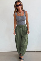 Jungle Green Drawstring Elastic Waist Patch Pocket Barrel Leg Casual Pants- Women