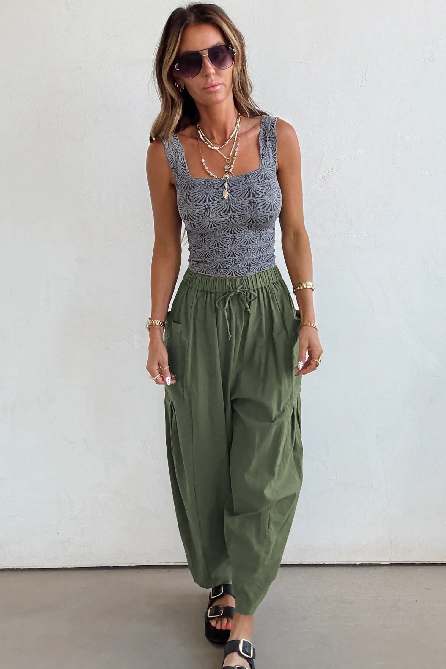 Jungle Green Drawstring Elastic Waist Patch Pocket Barrel Leg Casual Pants- Women