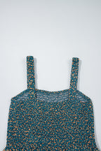 Green Floral Print Smocked High Waist Square Neck Jumpsuit- Women