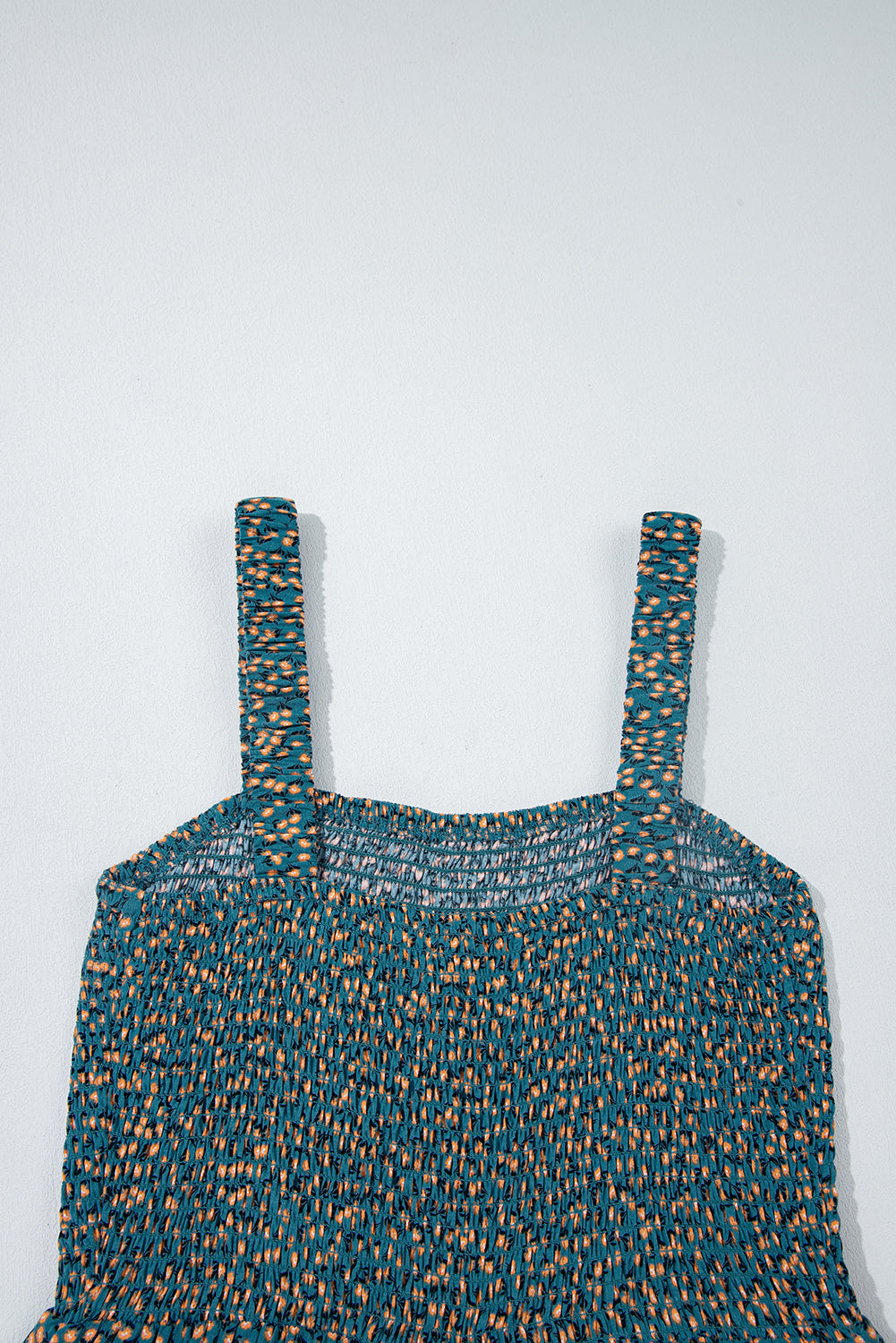 Green Floral Print Smocked High Waist Square Neck Jumpsuit- Women