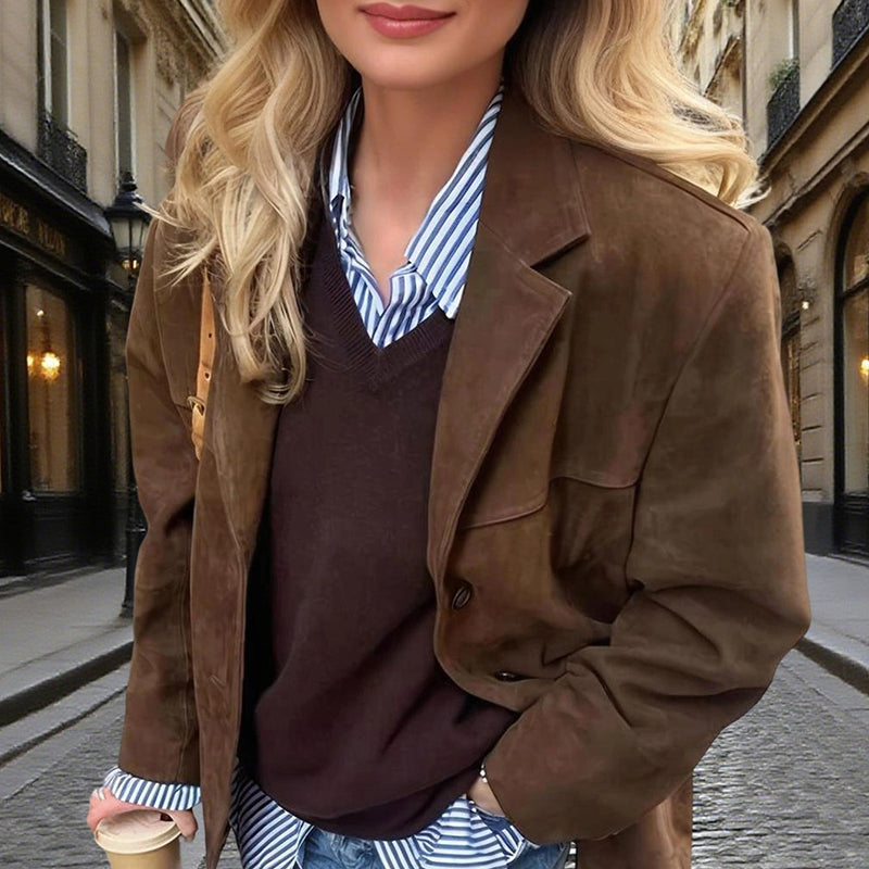Women's Suede-Look Blazer Jacket, Classic V-Notch Lapel Button Front Coat, Machine Washable Versatile Casual Jacket