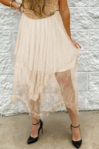 Apricot Lace Cascading Tiered High Waist Maxi Skirt- Women Apricot 90%Polyamide+10%Elastane