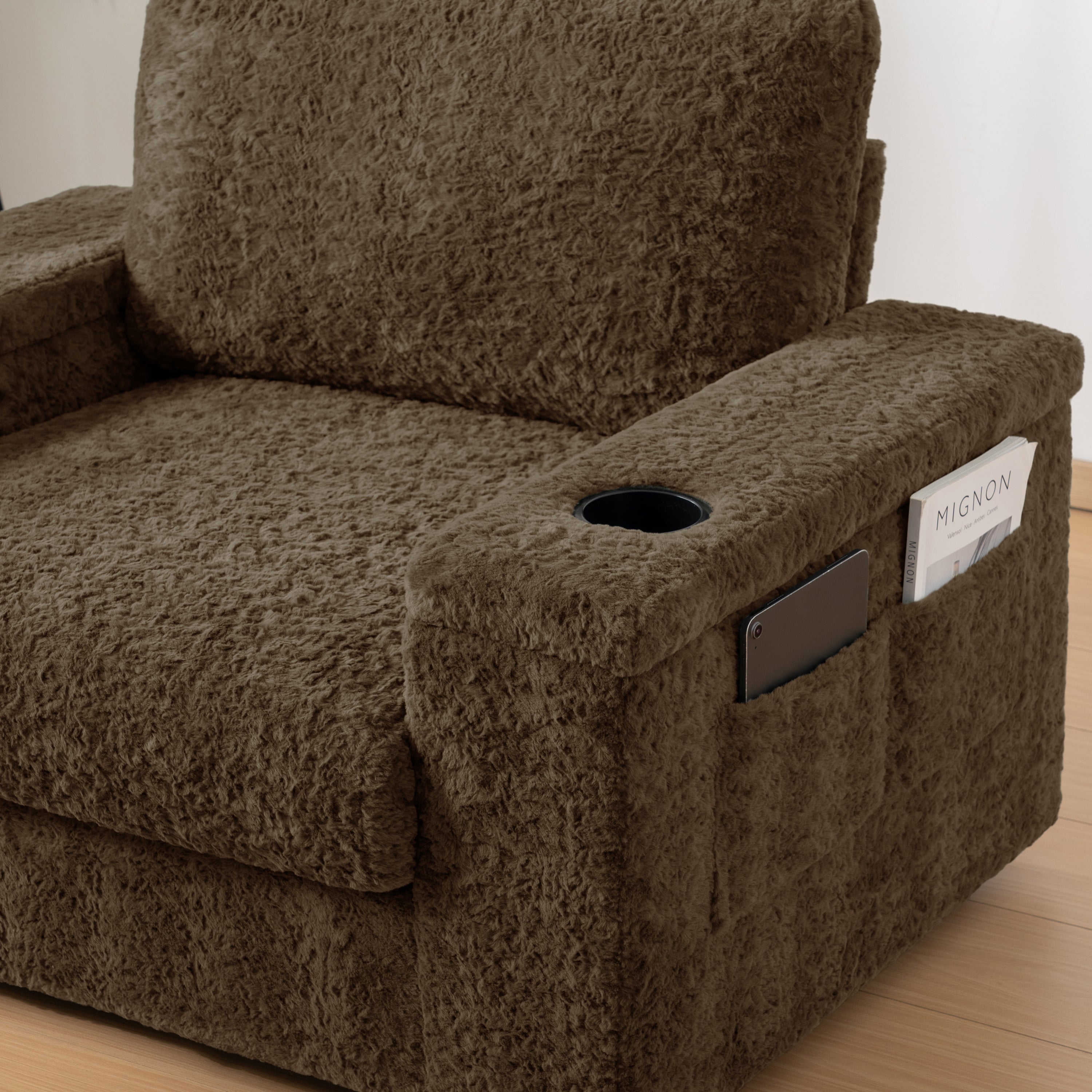 Oversized Chaise Lounge Indoor Faux Rabbit Fur Sofa Bed with Storage Ottoman and Armrests, Cup Holders, 42' Upholstered Sleeper Chair, 4 Colors