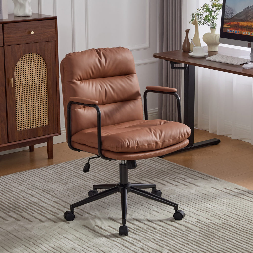 Office Chair,Mid Back Home Office Desk Task Chair with Wheels and Arms Ergonomic PU Leather Computer Rolling Swivel Chair with Padded Armrest,The back of the chair can recline 40° (Brown),SW1741BR Default