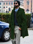 Retro Horn Button Hooded Woolen Trench Coat Men Green
