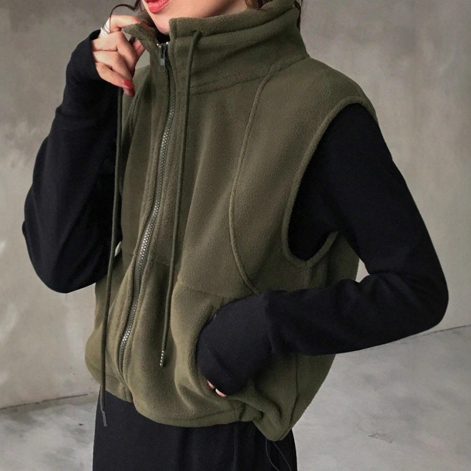 Loose Casual Vest Solid Color Zip Sleeveless Vest Jacket for Women Army Green