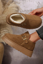 Coffee Buckle Detail Round Toe Platform Cozy Winter Boots- Women Coffee 100%Polyester+100%TPR