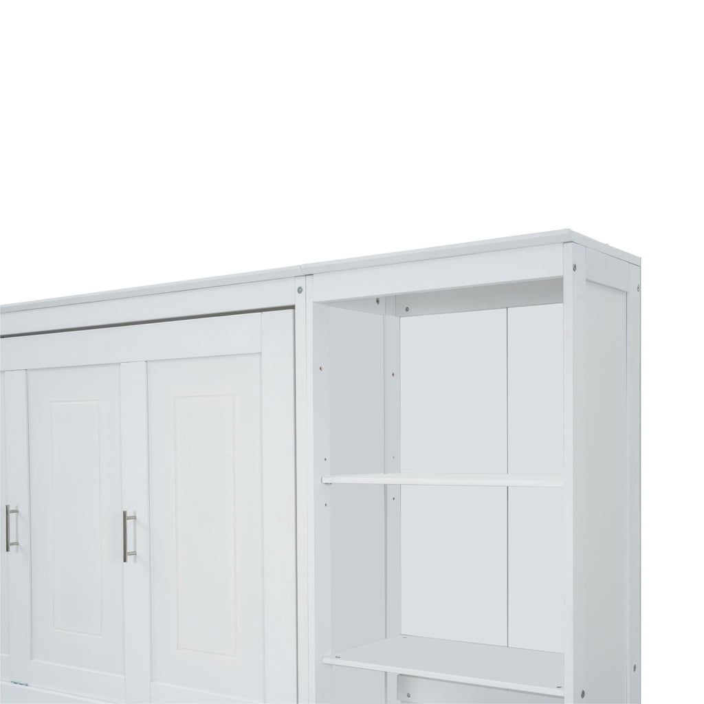 White Full Size Murphy Bed with Desk and Bookshelf, Pine Wood+MDF, 110.3''L x 79.8''W x 82''H