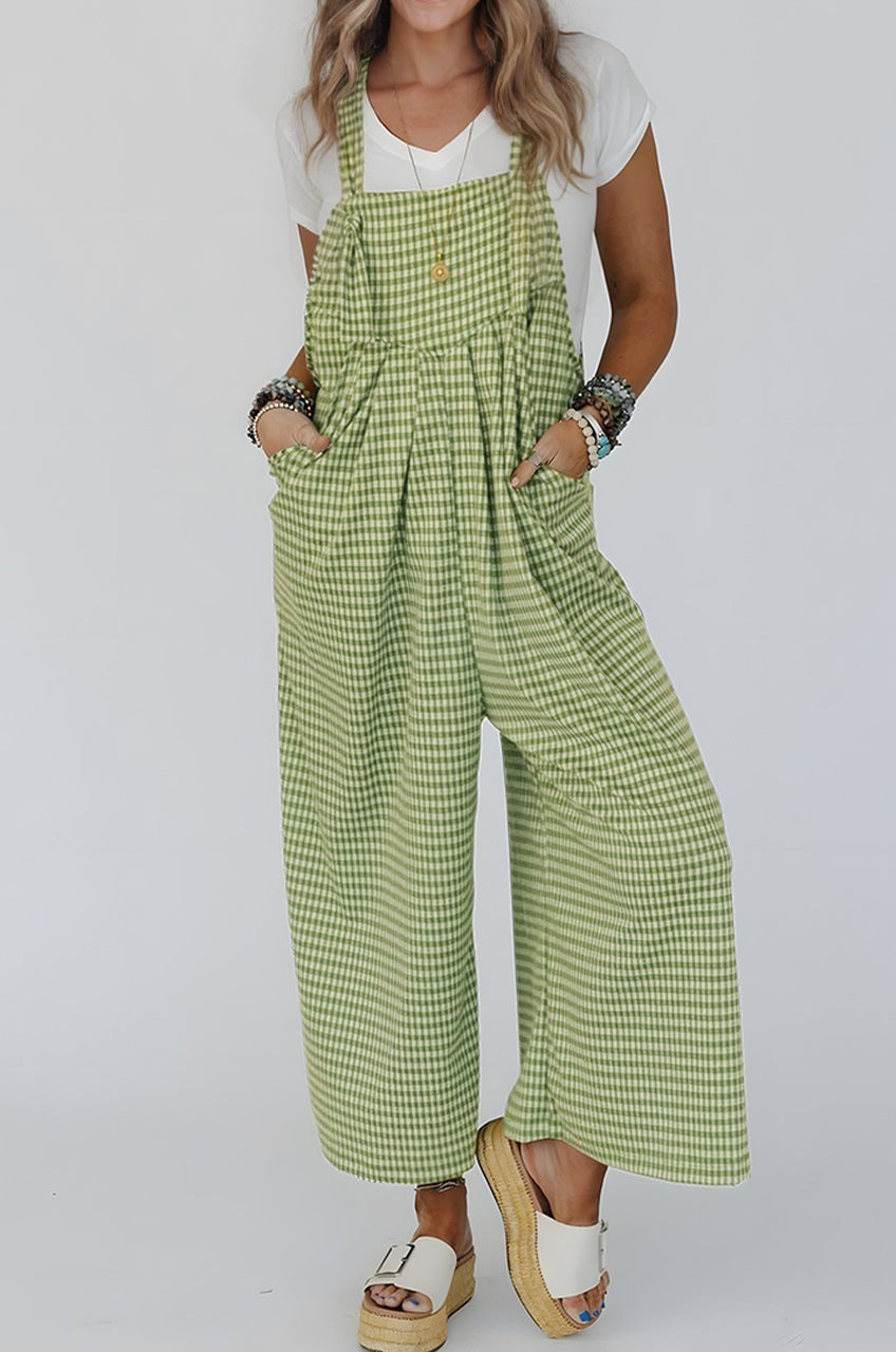 Green Gingham Wide Leg Loose Overall with Pockets- Women Green 100%Polyester