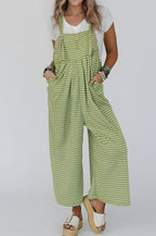 Green Gingham Wide Leg Loose Overall with Pockets- Women Green 100%Polyester