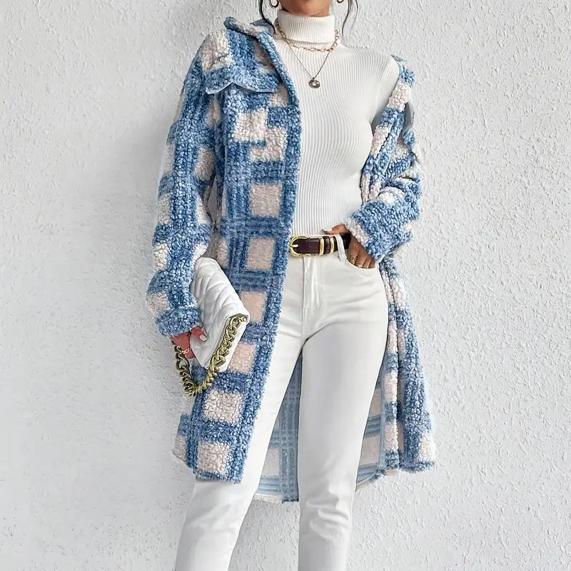 Women's Lightweight Plaid Jacket, Button Down Fleece Jacket, Long Sleeve Fall Outerwear Coat Blue