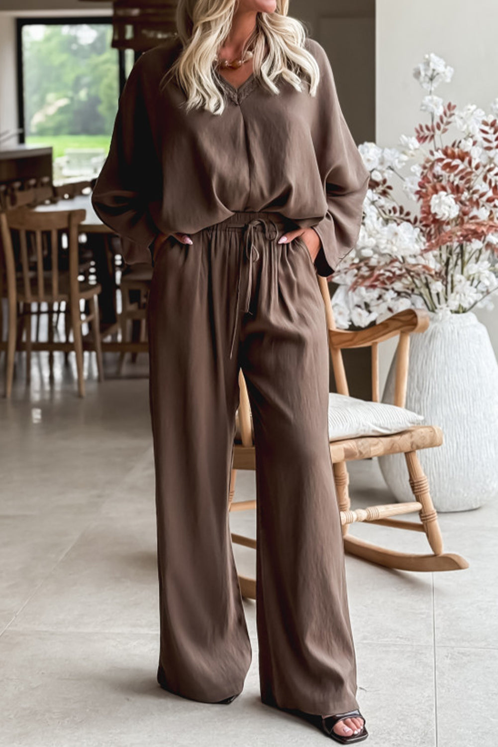 Dark Brown Braided V Neck Long Sleeve Loose Top and Drawstring High Waist Pants 2pcs Outfit- Women Dark Brown 90%Polyester+10%Polyamide
