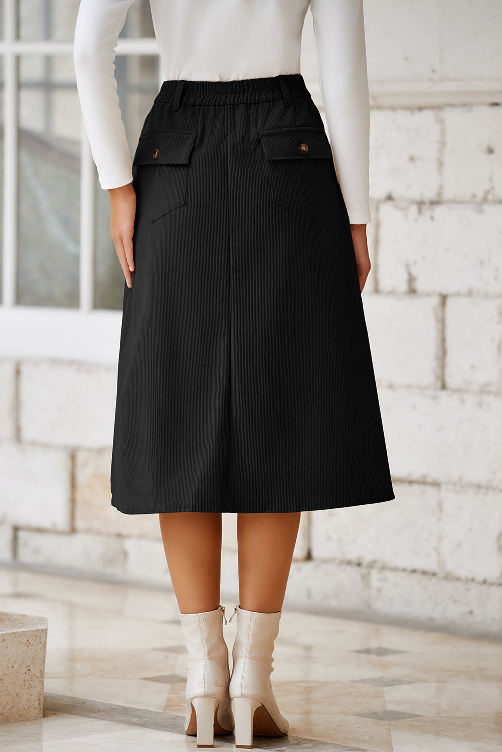 Black Front Slit Shift High Waist Midi Skirt- Women