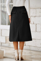 Black Front Slit Shift High Waist Midi Skirt- Women