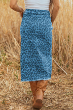 Sky Blue Leopard Denim Frayed Split Denim Midi Skirt- Women