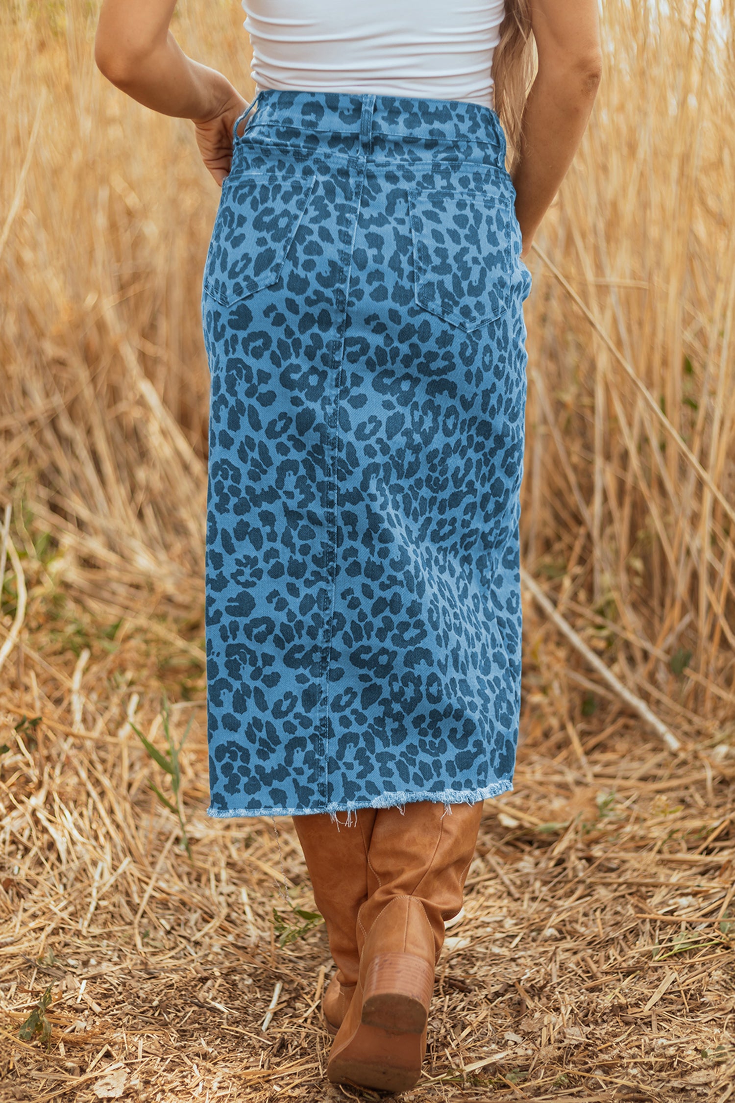 Sky Blue Leopard Denim Frayed Split Denim Midi Skirt- Women