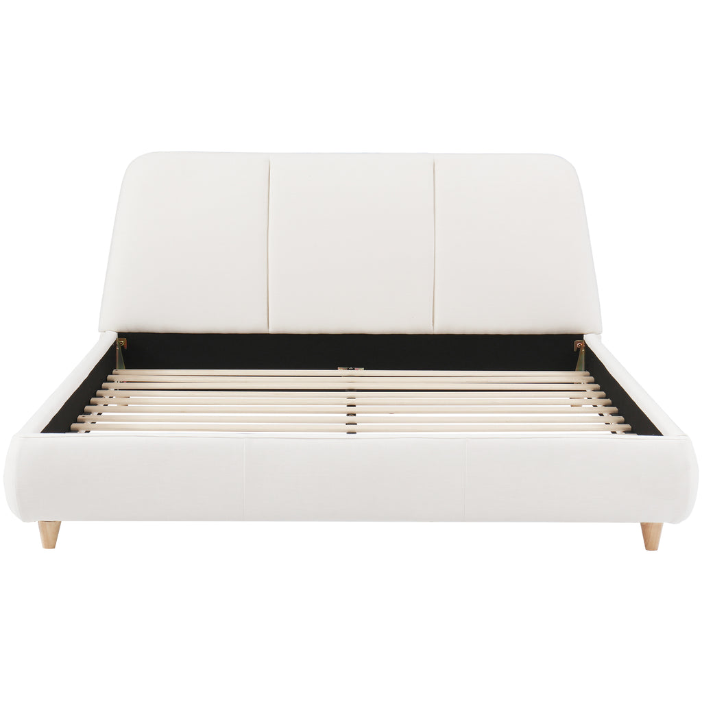 Queen Size Modern Upholstered Bed Frame with Linen Fabric and Solid Wood Legs, White