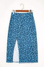 Sky Blue Leopard Denim Frayed Split Denim Midi Skirt- Women