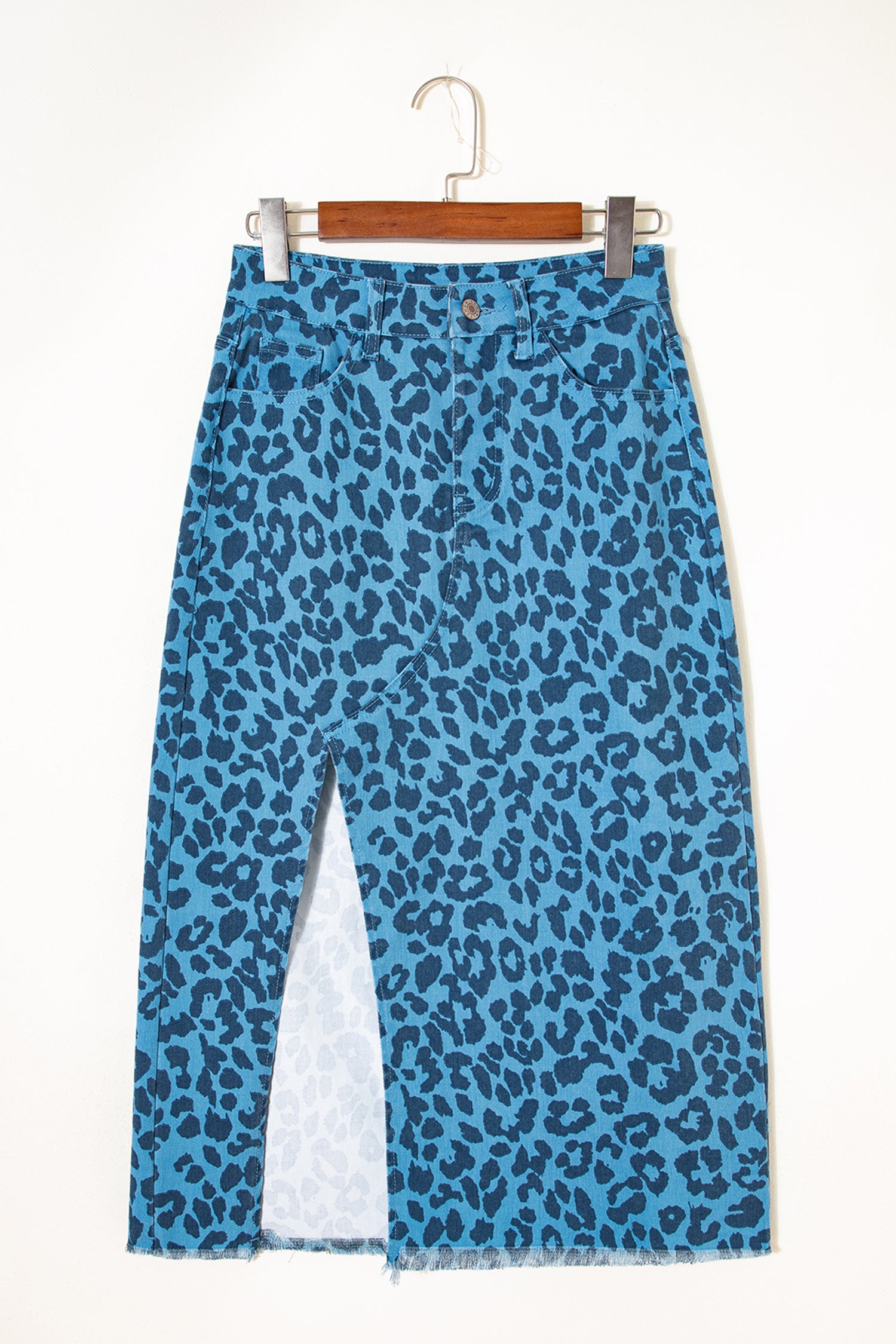 Sky Blue Leopard Denim Frayed Split Denim Midi Skirt- Women
