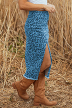 Sky Blue Leopard Denim Frayed Split Denim Midi Skirt- Women