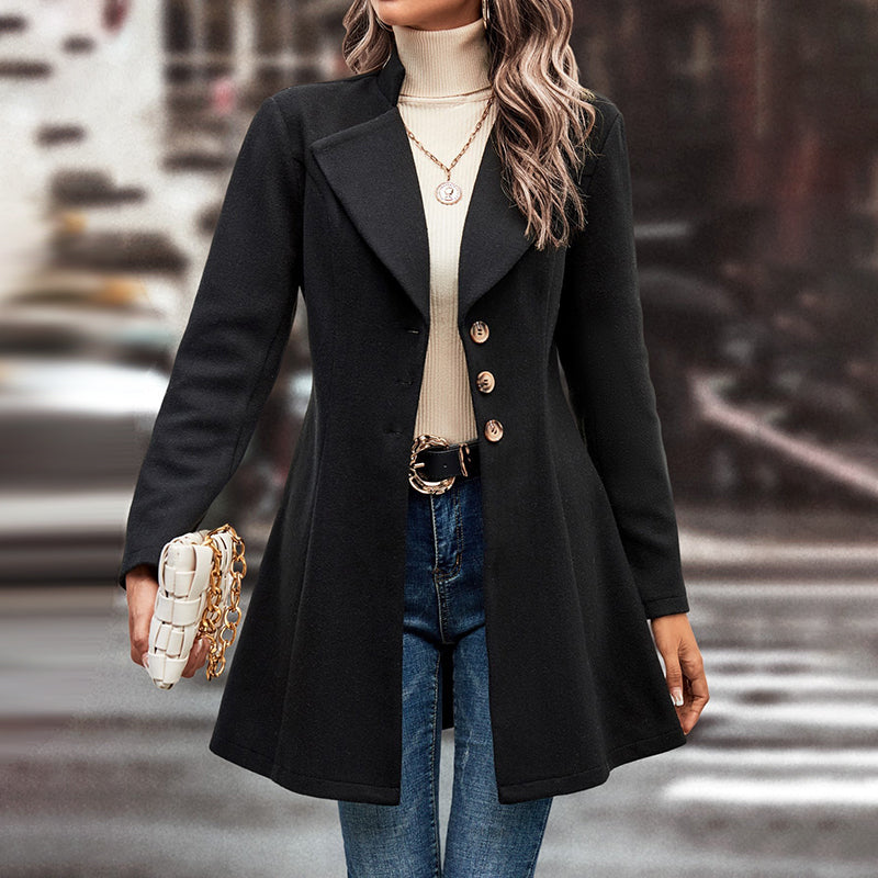 Women's Winter Overcoat Lapel Collar Single Breasted Outerwear Long Pea Coat Black