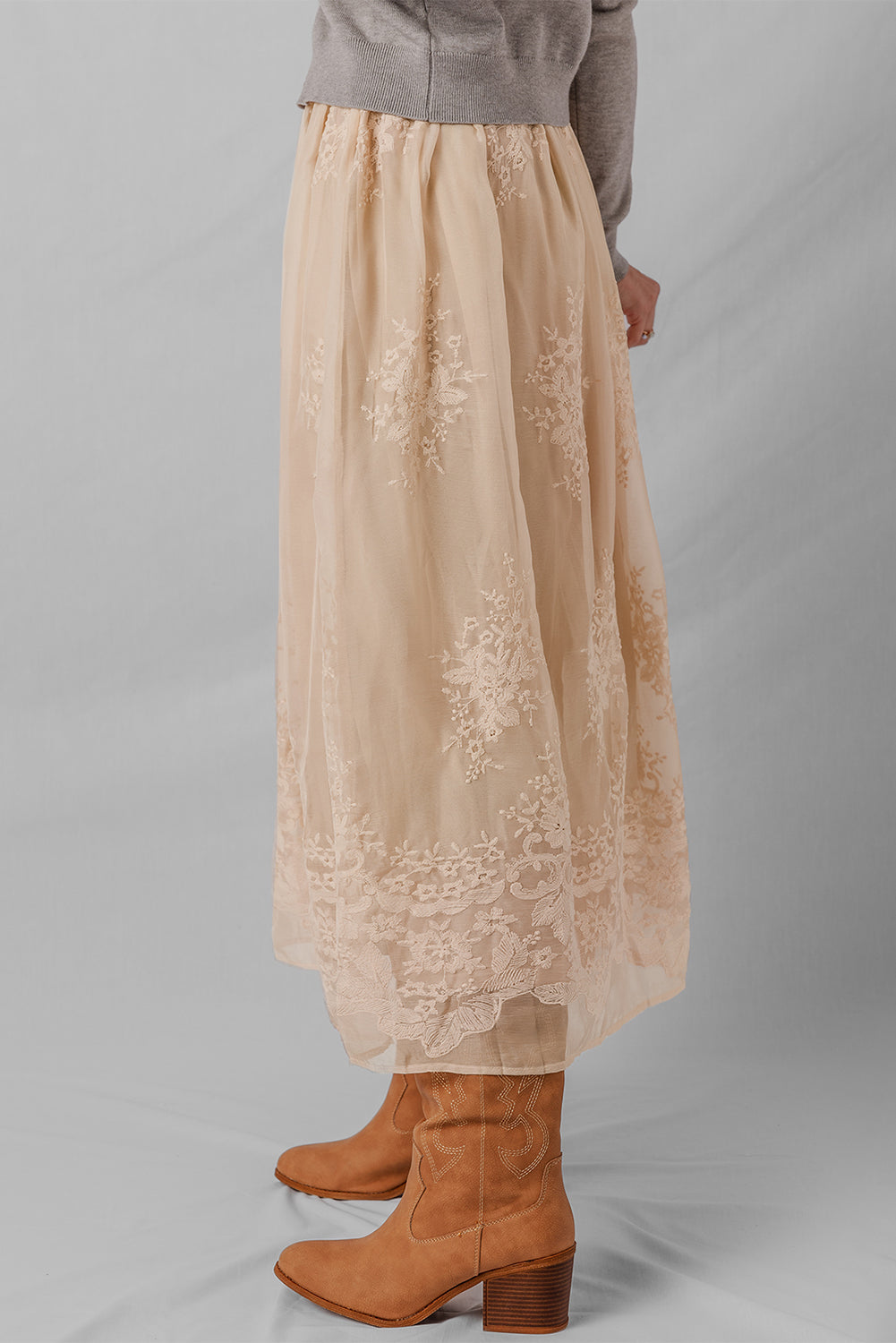 Oatmeal Embroidered Mesh Overlay Flowy Long Skirt- Women
