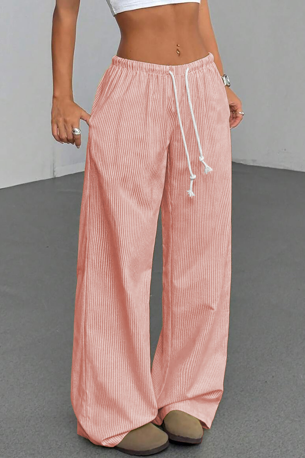 Pink Stripe Drawstring Plus Size Loose Pants- Women
