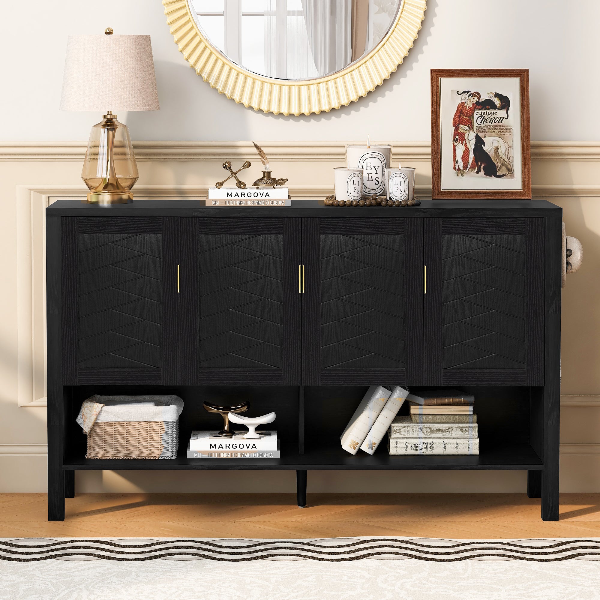 U_STYLE 55.1''Storage Sideboard with 4-Doors,Multi Functional Buffet with Open Shelf and 2-Tiers Adjustable Shelves,Modern Cabinet with Double Hooks,Suitable for Living Room, Hallway, Dining,Office. Default