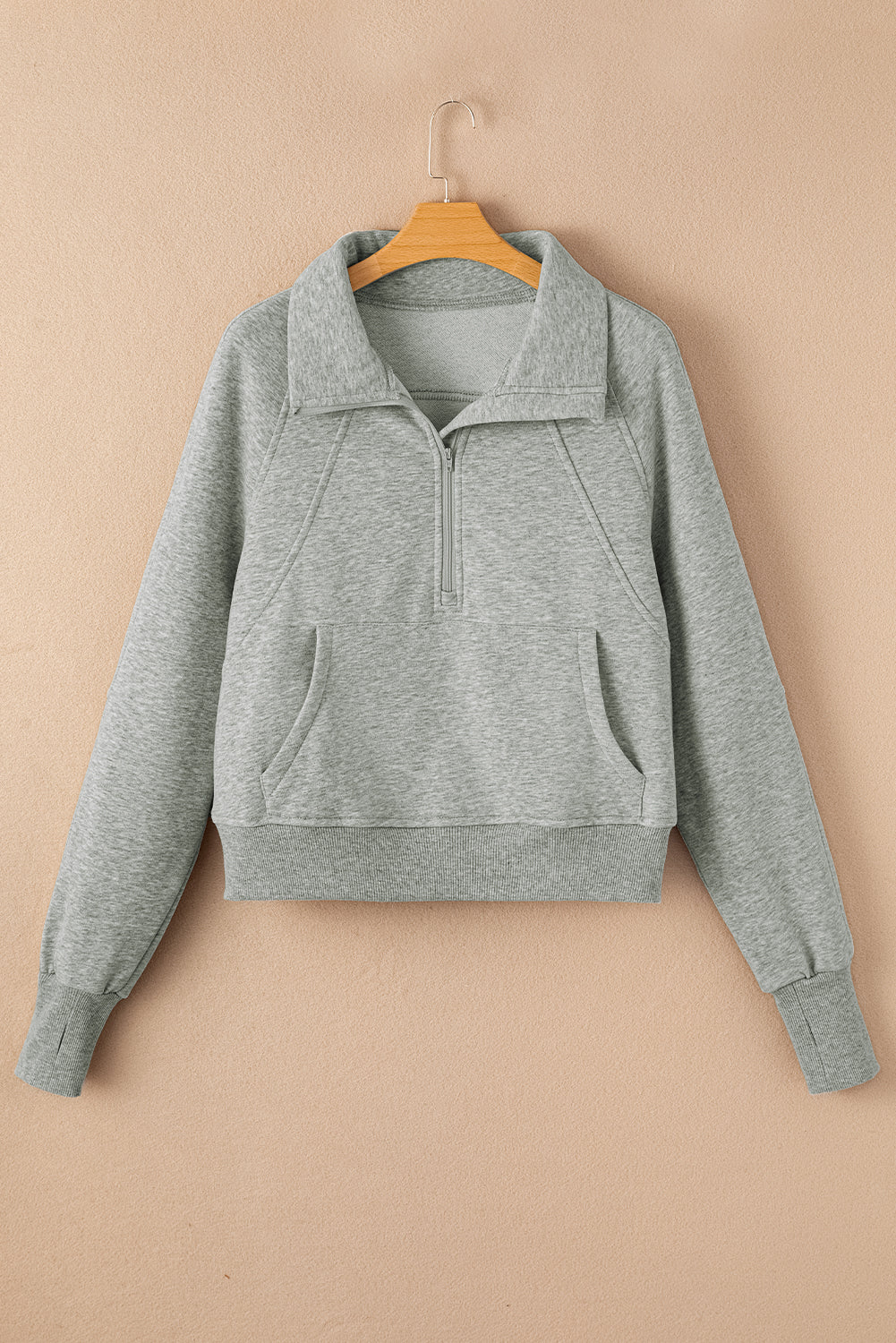 Gray Fleece Lined Zip Up Stand Collar Thumbhole Sleeve Sweatshirt- Women