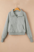 Gray Fleece Lined Zip Up Stand Collar Thumbhole Sleeve Sweatshirt- Women