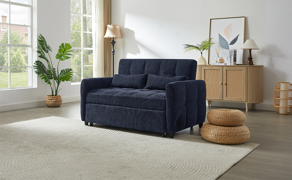 Modern Loveseat Sofa Pull-out Bed with Adjustable Backrest, USB Ports, Lumbar Pillows, Blue Chenille, 52.8'