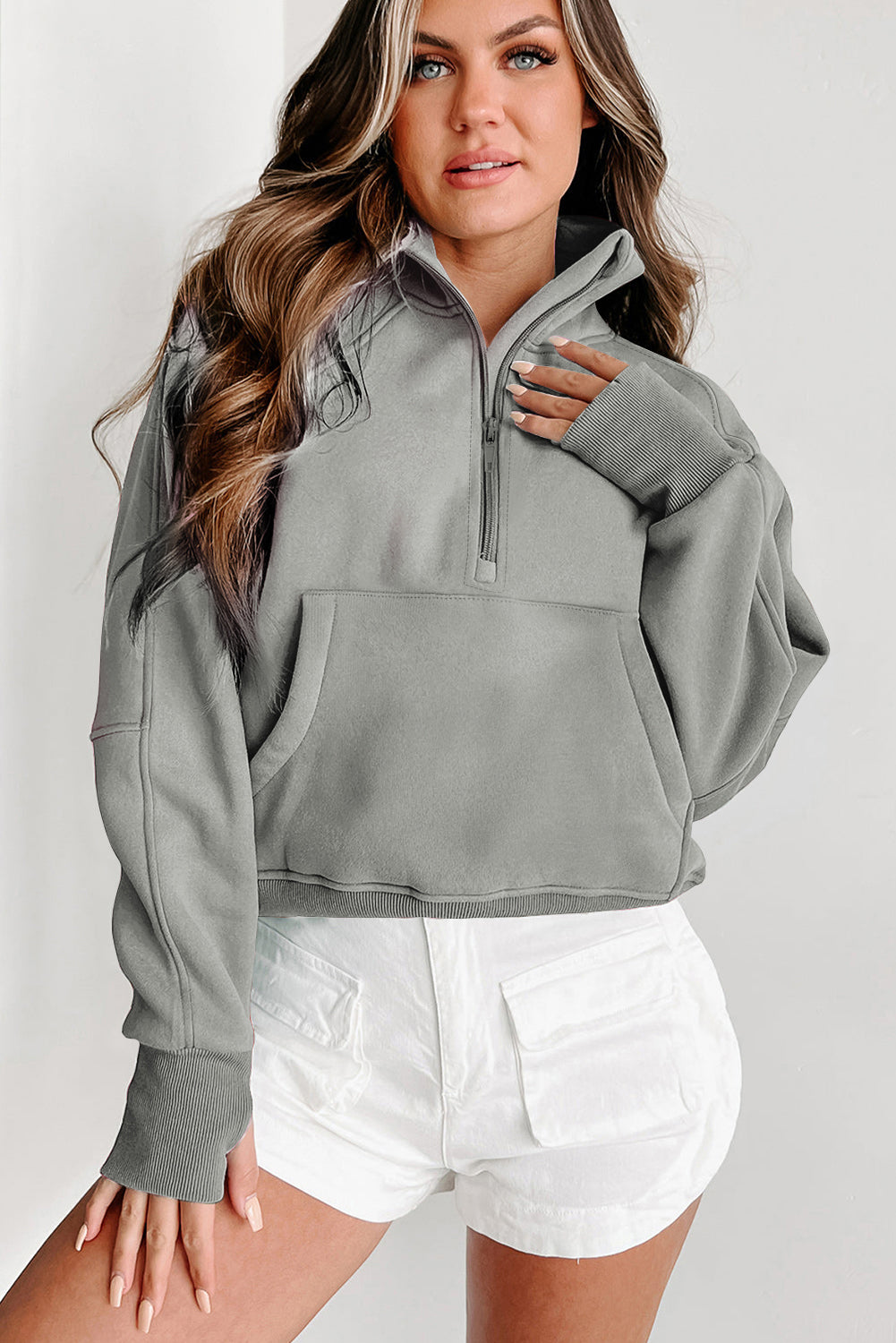 Gray Fleece Lined Zip Up Stand Collar Thumbhole Sleeve Sweatshirt- Women