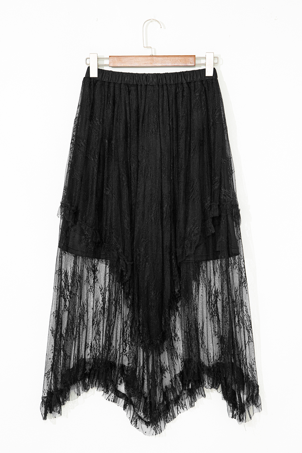 Black Lace Cascading Tiered High Waist Maxi Skirt- Women