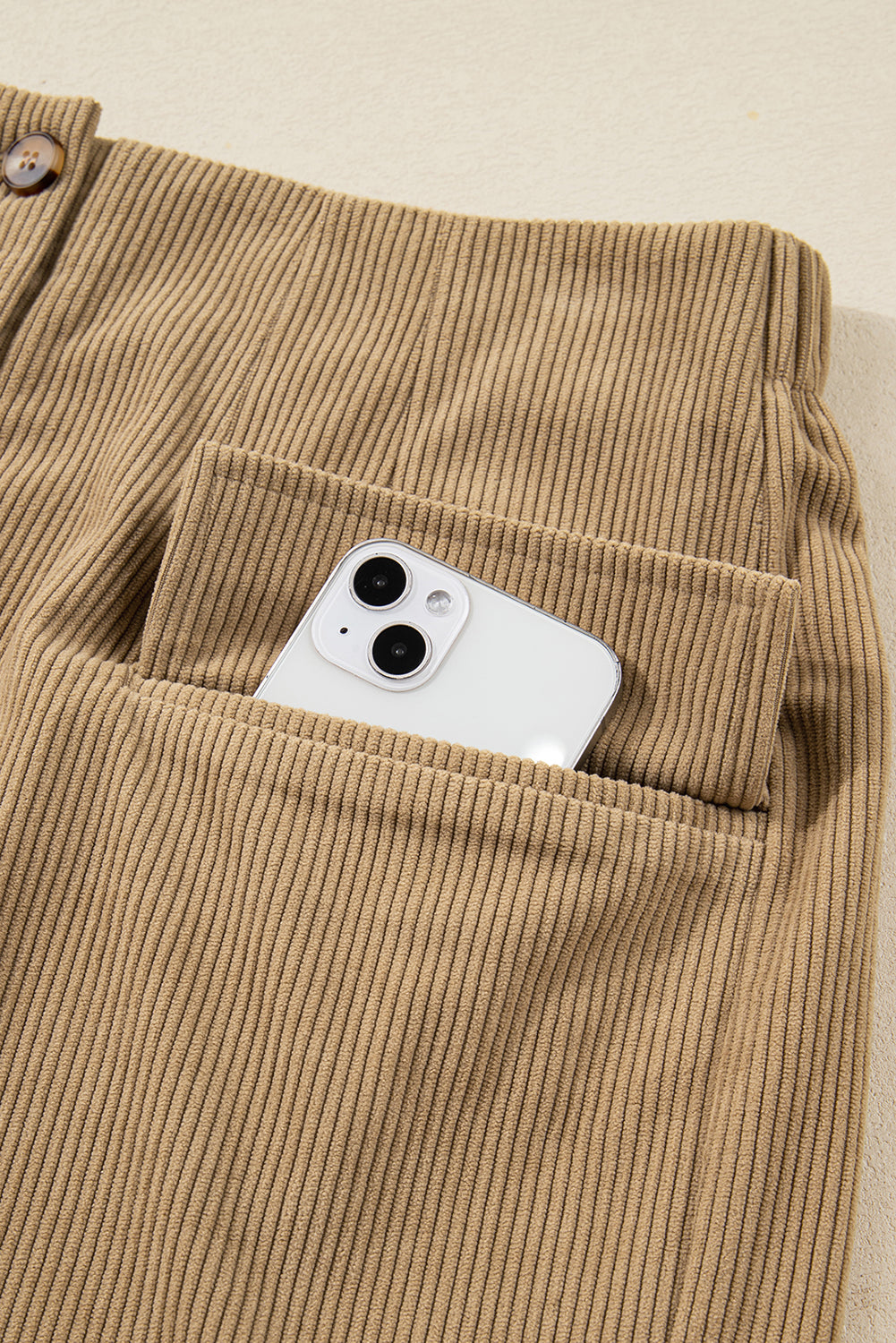 Camel Corduroy Buttoned Front Faux Pockets Mini Skirt- Women