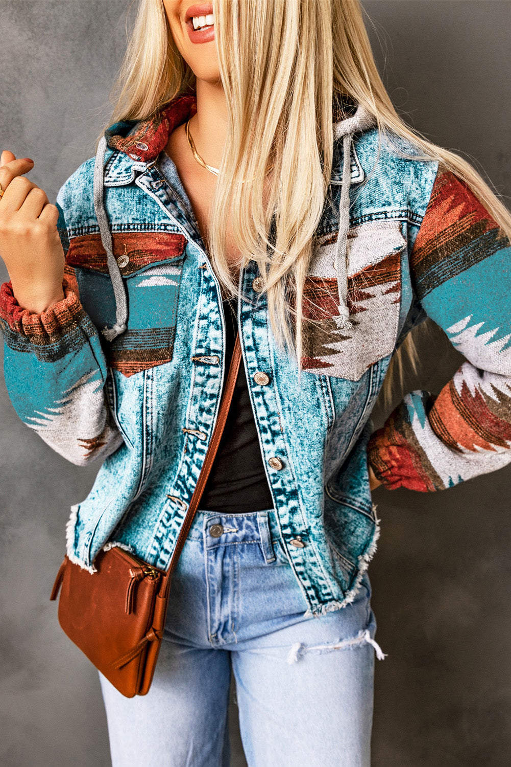 Multicolor Aztec Print Frayed Hem Denim Jacket- Women