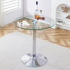Modern Minimalist Circular Glass Dining Table with Electroplated Silver Metal Legs, 35-Inch Diameter