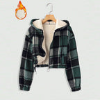 Women's Elegant Plaid Hooded Jacket, Full-Zip Lightweight Coat For Winter Casual Wear Dark Green