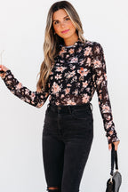 Black Floral Mesh Mock Neck Long Sleeve Slim Fit Top- Women