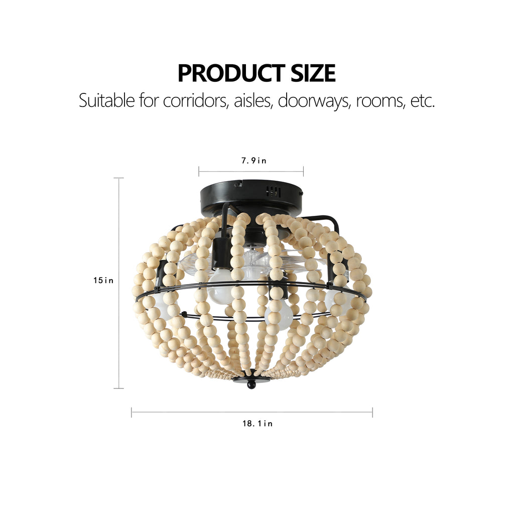 18' Bohemian Wood Beaded Ceiling Fan with Light, Flush Mount Caged Ceiling Fan, Rustic Farmhouse Low Profile Fan Light Fixture for Indoor Home Decor (Silent/6-Speed/Reversible/DC Motor) (No Bulbs)