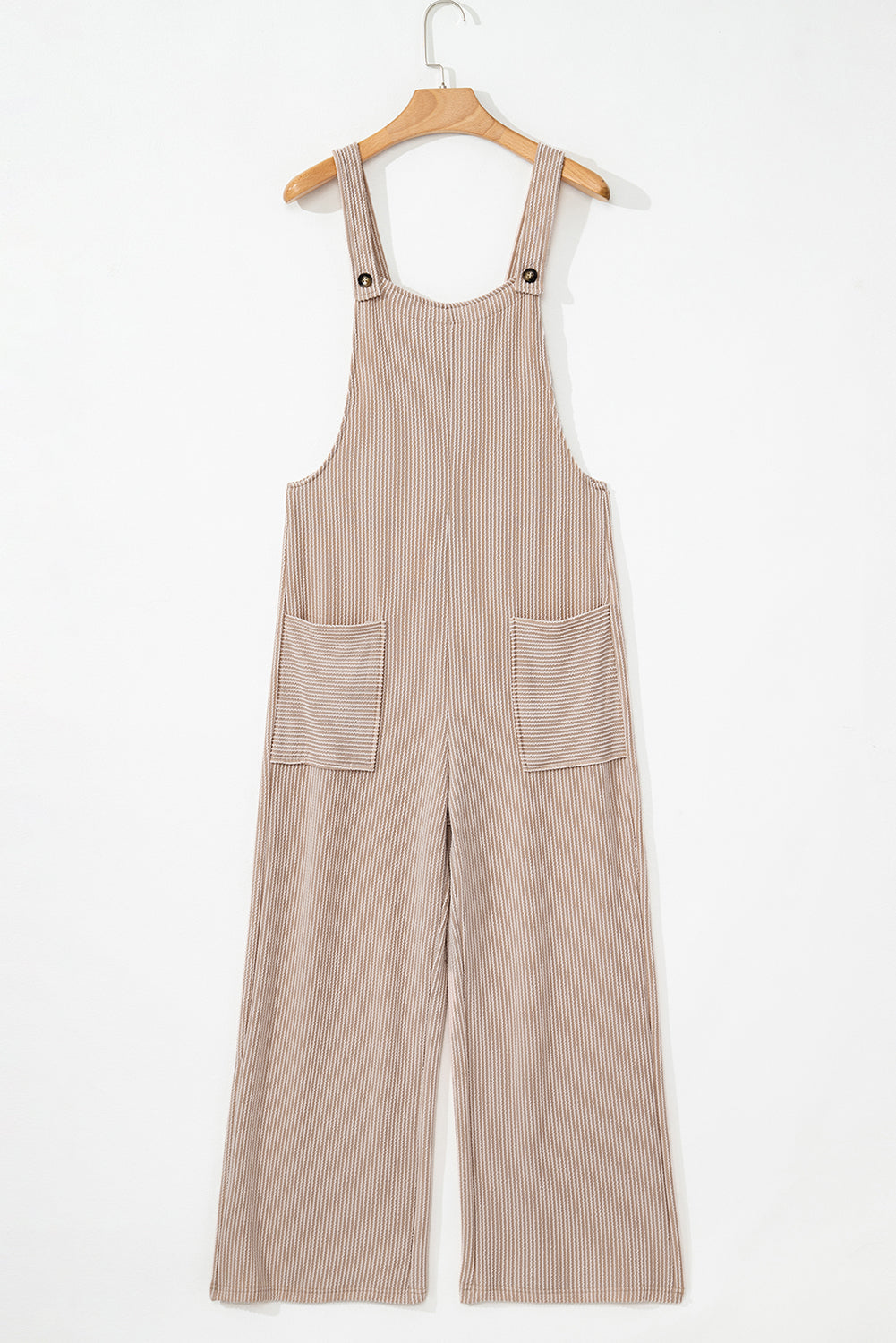 Parchment Ribbed Knit Patched Pocket Wide Leg Overalls- Women