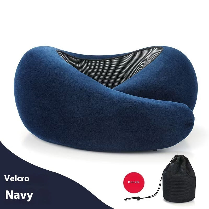 Soft Memory Foam Travel Neck Pillow U Shape Adjustable Support Comfortably Sleeping On Plane Car Office Noon Break Navy Blue Velcro Style
