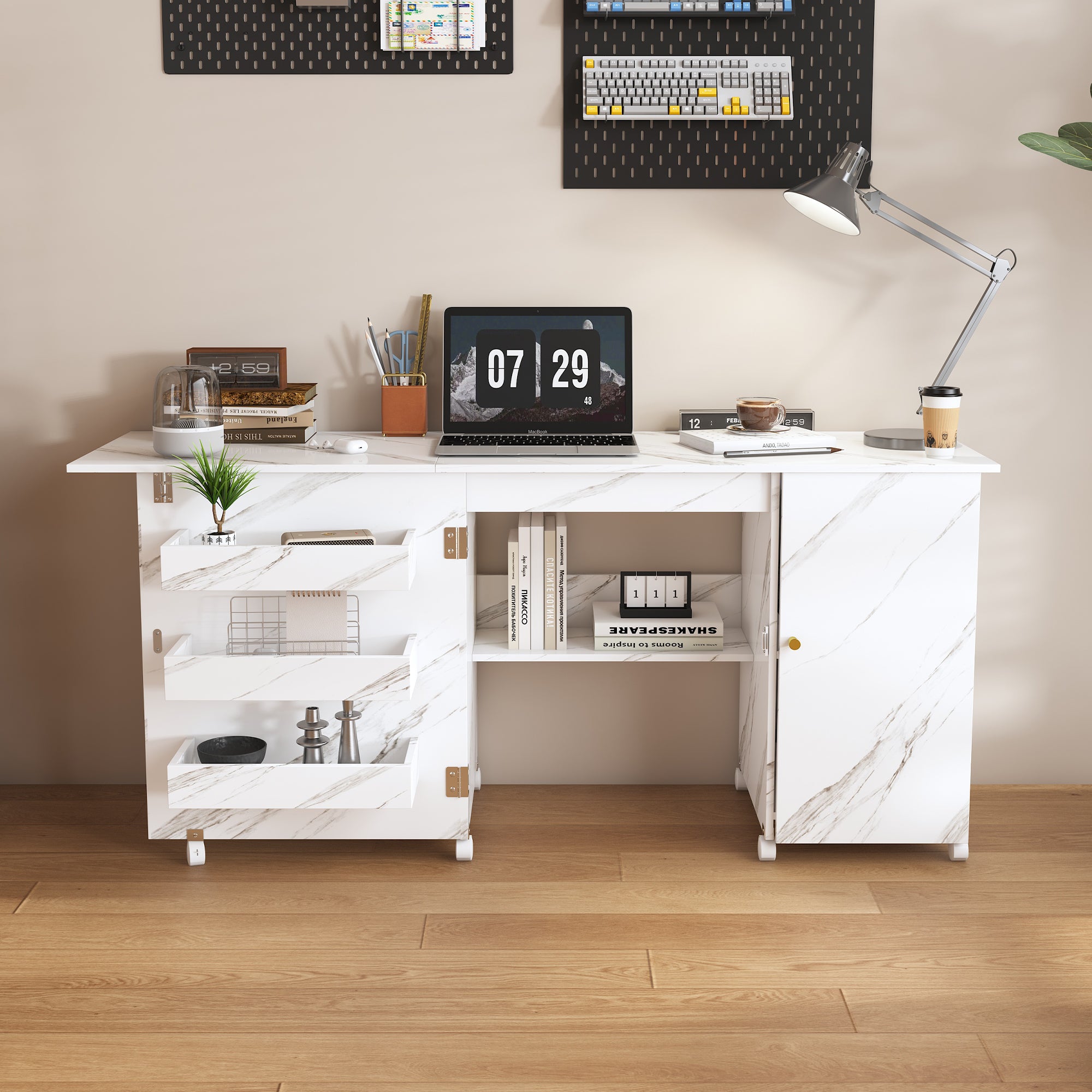 57.5' Foldable Sewing Machine Table with Locking Casters, Multi-Storage Craft Station with Shelves, Bins & Cabinet, Adjustable Sewing Cabinet for Home, Bedroom, and Craft Room(White)