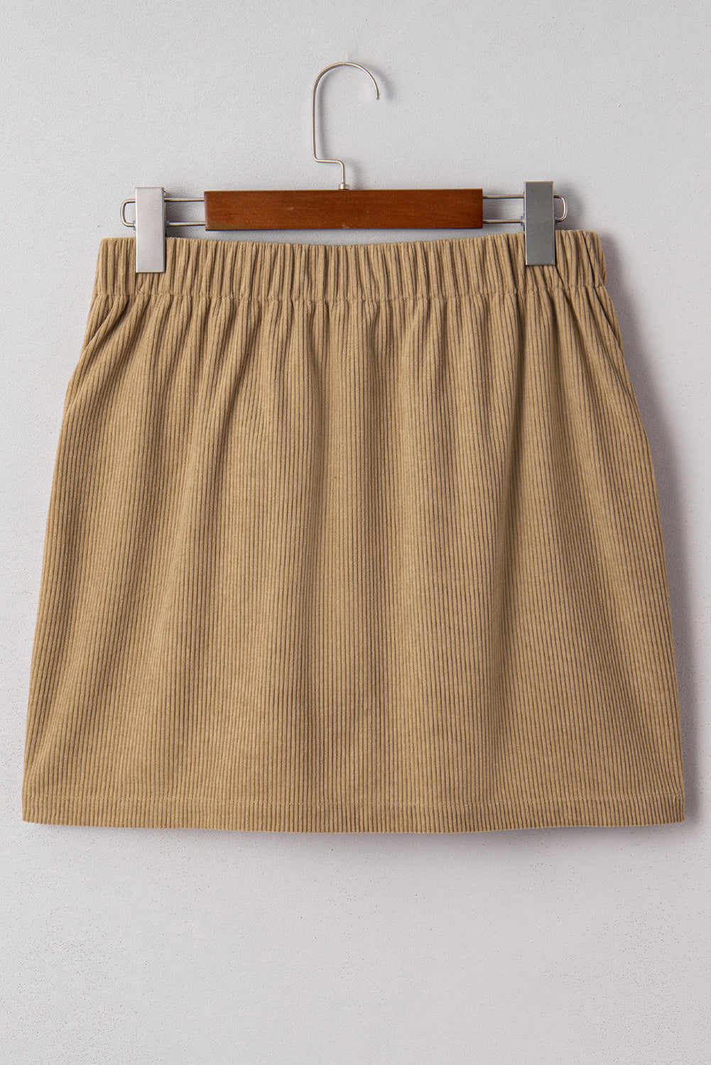 Camel Corduroy Buttoned Front Faux Pockets Mini Skirt- Women