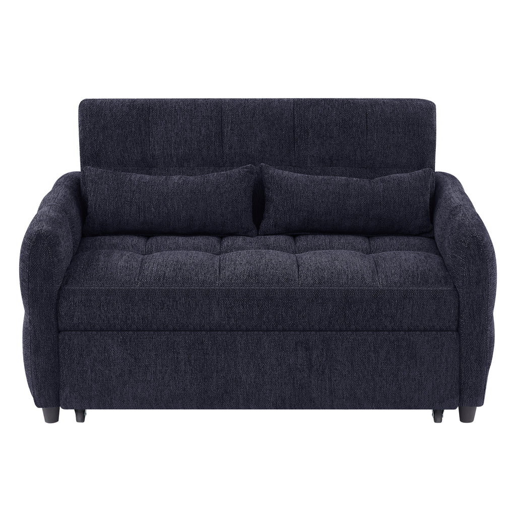 Modern Loveseat Sofa Pull-out Bed with Adjustable Backrest, USB Ports, Lumbar Pillows, Blue Chenille, 52.8'