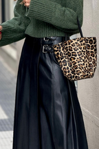 Black Faux Leather Retro Buckle Detail Pleated Stitch Flared Midi Skirt- Women