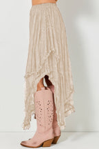 Apricot Lace Cascading Tiered High Waist Maxi Skirt- Women