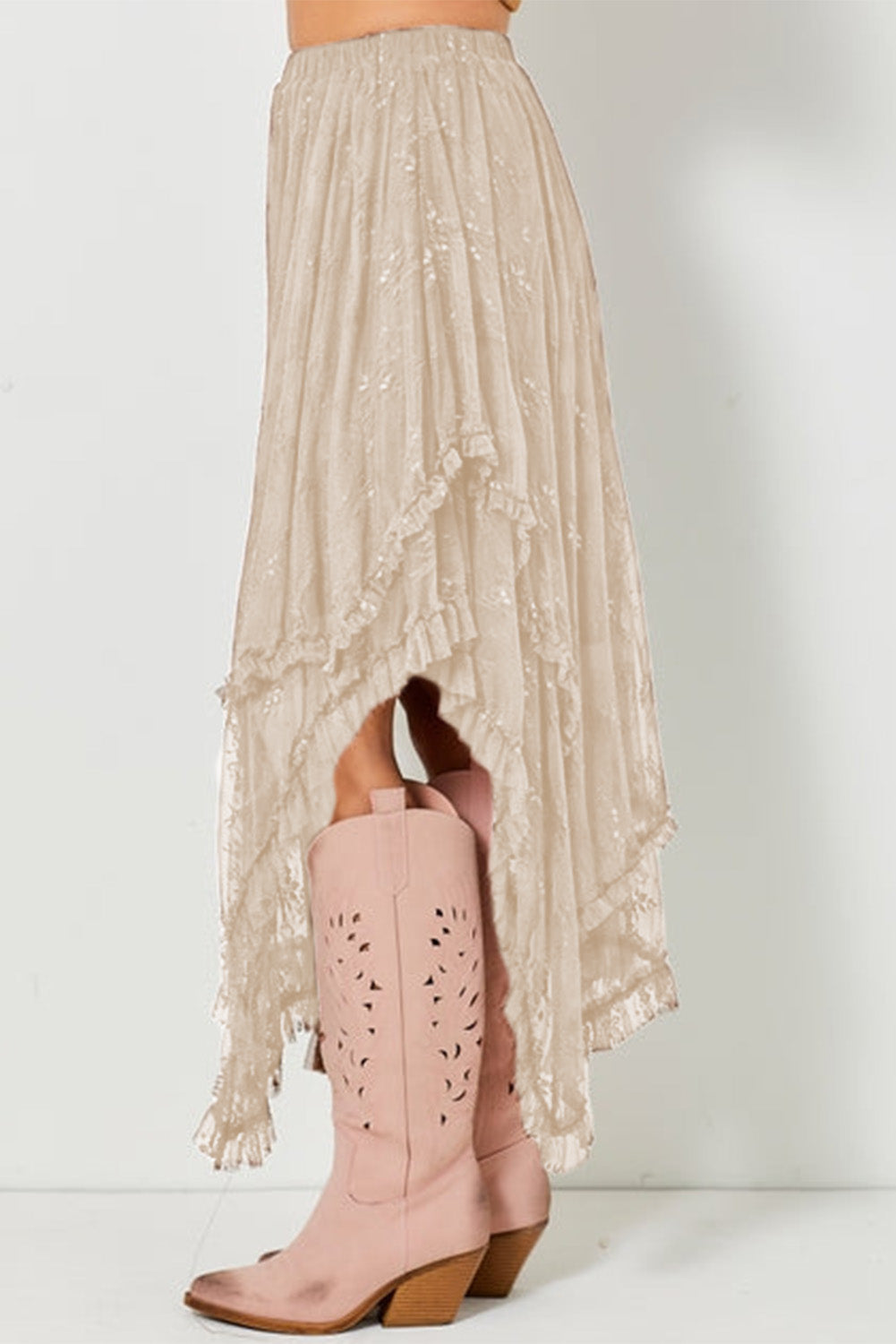 Apricot Lace Cascading Tiered High Waist Maxi Skirt- Women