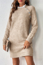 Parchment Button Lace Detail Raglan Sleeve Shift Mini Sweater Dress- Women