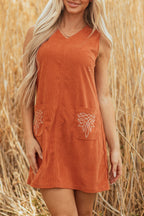 Gold Flame Corduroy Western Embroidered Patched Pocket Shift Sleeveless Mini Dress- Women